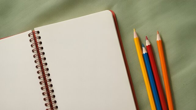 Colorful pencils beside blank spiral notebook on green background - Powered by Adobe