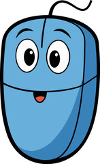 A cheerful blue computer mouse with a smiling face and large illustration