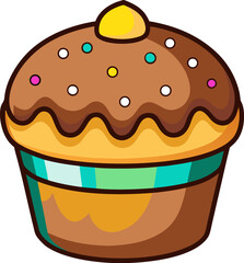A charming illustration of a single chocolate cupcake adorned with colorful sprinkles and a yellow cherry on top
