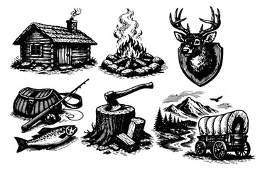 Hand drawn line art outdoor adventure set featuring a rustic cabin, roaring campfire, deer head mount, fishing rod, and covered wagon for wilderness and pioneer themes