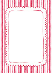 Watercolor scalloped  frame with red striped background. Hand drawn illustration.