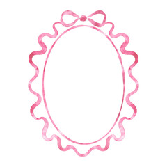Watercolor ribbon frame with baby pink bow.Hand painted illustration for baby shower invitation,wedding stationery and festive cards.