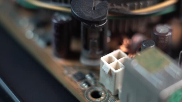 Computer Hardware, Motherboard Macro Close Up, CPU Cooler and Electronic Components