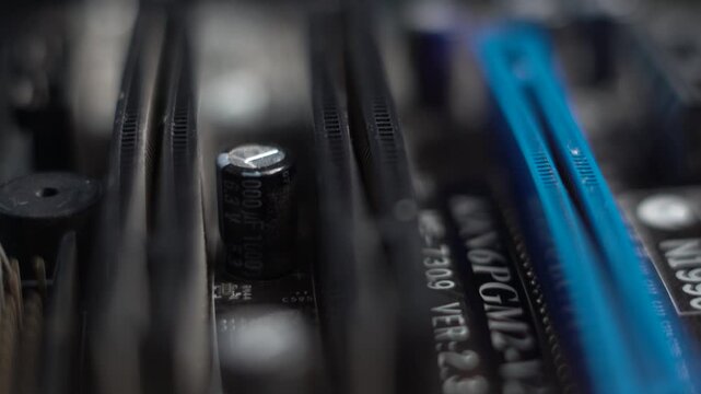 Computer Motherboard Macro Close Up, PCI Slots and Electronic Components