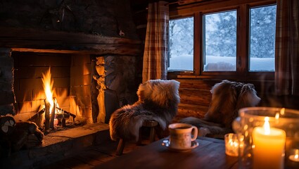 Fototapeta premium Cozy cabin living room with fireplace and candles on wooden table