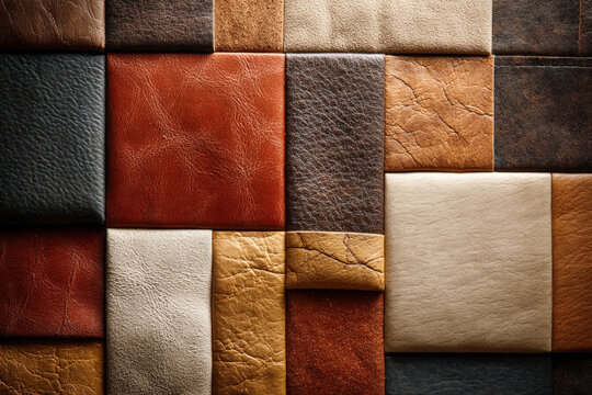 Two-tone leather patchwork with clean seams and subtle texture differences in matte finish