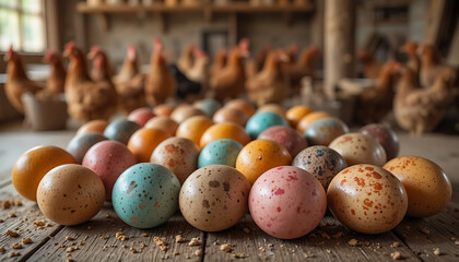 Colorful chicken eggs on a wooden table in the chicken farm