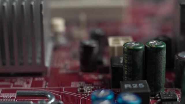Computer Motherboard. Macro Close Up View of Electronic Components