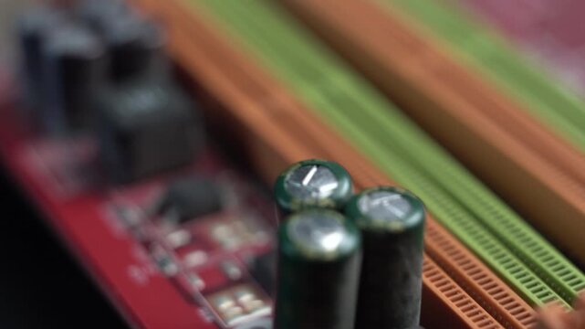 Computer Motherboard Macro Close Up, RAM Memory Slots and Electronic Components