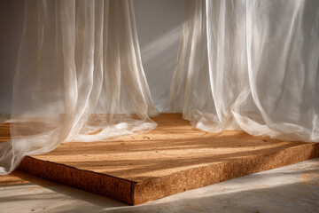 Translucent organza fabric layered over matte cork textile with gentle wrinkles and pinned corners