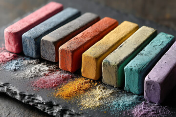 Colored chalk sticks arranged as bar chart on slate board with chalk dust