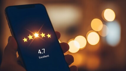 Hand holding modern smartphone displaying excellent four point seven star rating with bokeh lights
