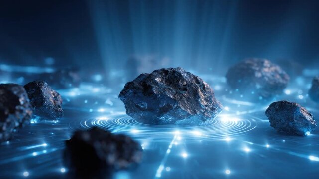 Digital Mineral Network: A network of metallic ore stones, with illuminated digital connections, radiating blue light, which suggest a blend of technology and the Earth's natural resources.