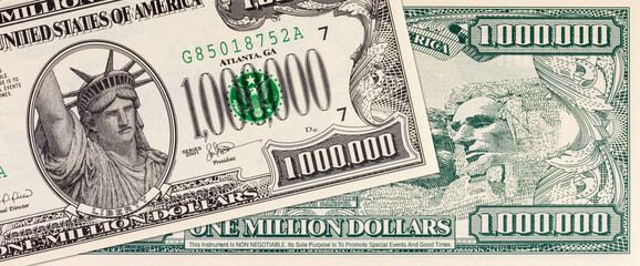 Souvenir banknote 1000000 dollars of the United States of America with the image of the Mount Rushmore memorial. One million dollars. USA money
