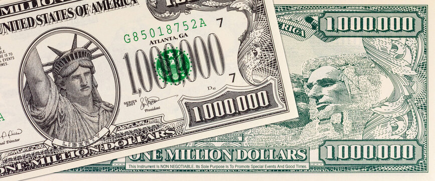 Souvenir banknote 1000000 dollars of the United States of America with the image of the Mount Rushmore memorial. One million dollars. USA money