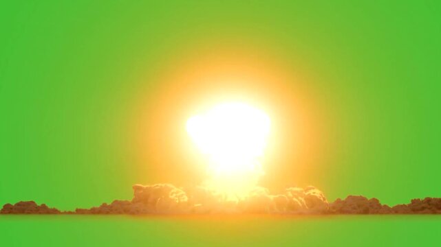 Huge nuclear mushroom cloud explosion animation on green screen background, glowing fireball and rolling smoke for cinematic effects