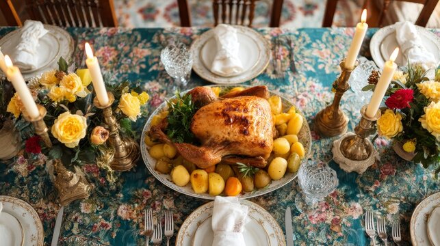 Overhead view of festive holiday table featuring roasted turkey with golden potatoes, root vegetables, fresh herbs, elegant candles, and floral centerpieces on a richly patterned cloth with soft cand