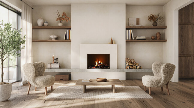 Modern wabi-sabi interior design with fireplace, atural light and boucle furniture, 3d render