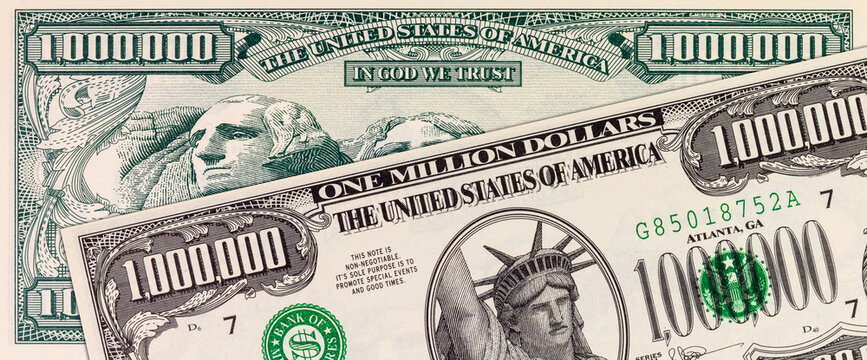 Souvenir banknote 1000000 dollars of the United States of America with the image of the Mount Rushmore memorial. One million dollars. USA money