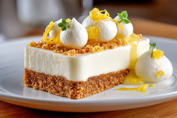 Deconstructed lemon cheesecake with cream quenelle, curd dots and candied peel on plate