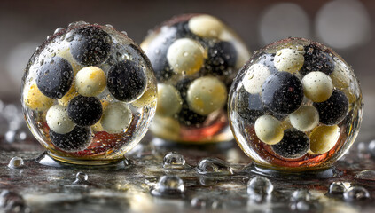 Three Transparent Glass Marbles with Black and White Dots Floating on Dark Surface with Water Droplets