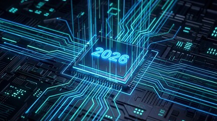 Computer processor with glowing 2026 year text on a digital circuit board, high speed data transfer and computing power for future technology and innovation