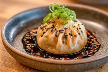 Single dumpling appetizer with black garlic oil dots and scallion curls on matte plate