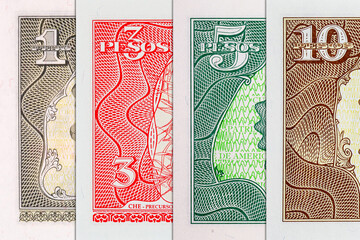 Cuban peso banknotes of various denominations. Paper money of Cuba