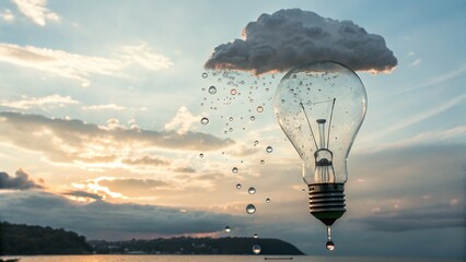 Conceptual light bulb with rain clouds and water droplets representing creative flow and brainstorming ideas, AI generated