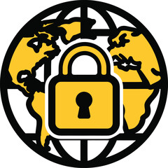 Global Cyber Security and Data Protection Padlock on World Map Icon Vector Graphic