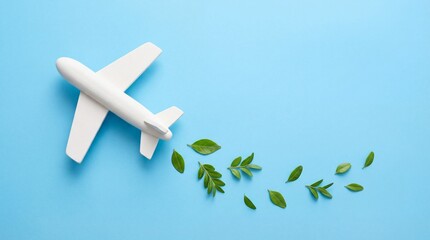 White wooden toy airplane flying on blue background with green leaves trailing behind, representing sustainable travel and eco-friendly aviation concepts for environmental awareness