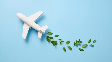White toy airplane flying on a light blue background with green leaves trailing behind, concept for sustainable aviation and eco friendly travel with carbon neutral flight