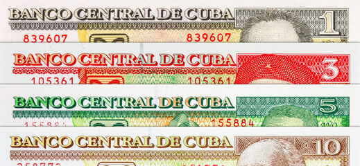 Cuban peso banknotes of various denominations. Paper money of Cuba