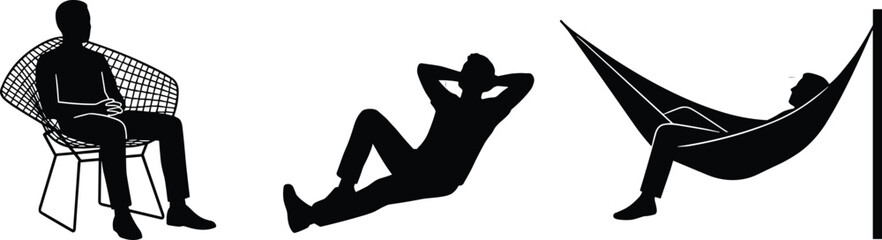 Relaxing people silhouettes sitting on chair, lying down and resting in hammock, black vector illustration showing leisure lifestyle, comfort, calmness, and relaxation concepts © Itz Butterfly