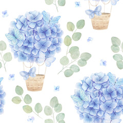 Watercolor seamless pattern with hydrangea hot air balloon,  butterfies.Hand drawn illustration on white background