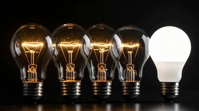 Illuminating ideas: row of incandescent bulbs with one modern LED, shining brightly on a dark backdrop.