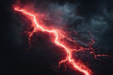Fiery red lightning illuminates a stormy dark night
