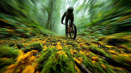 Mountain biker rides forest trail, radial motion blur emphasizes speed, energy, adrenaline, and dynamic outdoor adventure feeling.
