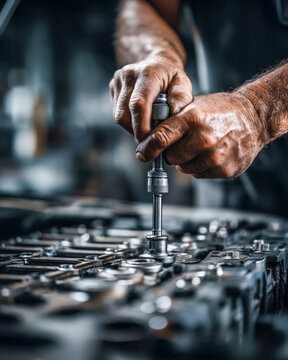 Auto technician tightening engine bay fasteners using torque wrench in tidy service shop