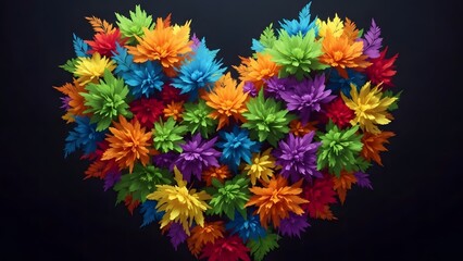 Vibrant heart shaped floral arrangement with multicolored flowers