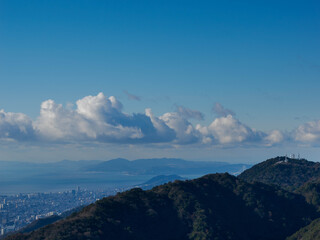 六甲山上より神戸市街地と遠くに淡路島を臨む