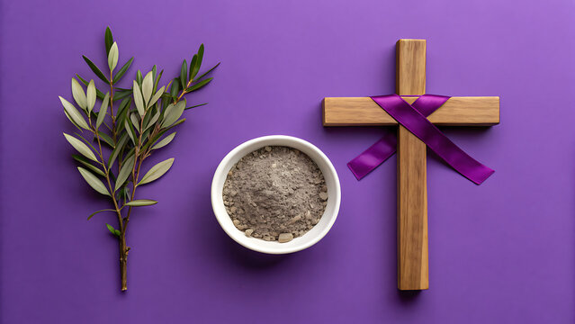 Ash wednesday symbols on purple background