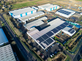 Interesting UAV view of modern industrial buildings seen on the outskirts of the town of Chatteris, Cambridgeshire, UK. The industrial zone is a large employer to the market town. © Nick Beer