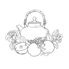 Apple Tea in Teapot Outline Illustration.