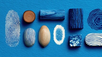 Collection of ink roller linocut stamps on bright blue background showcasing various textures and designs created through printmaking techniques