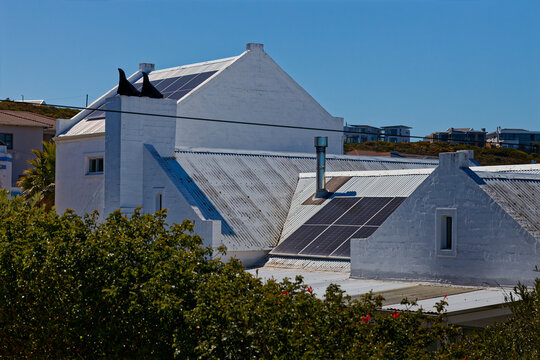 Solar panels on houses at Yzerfontein, Western Cape, South Africa.