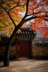 Red temple door in the fall
