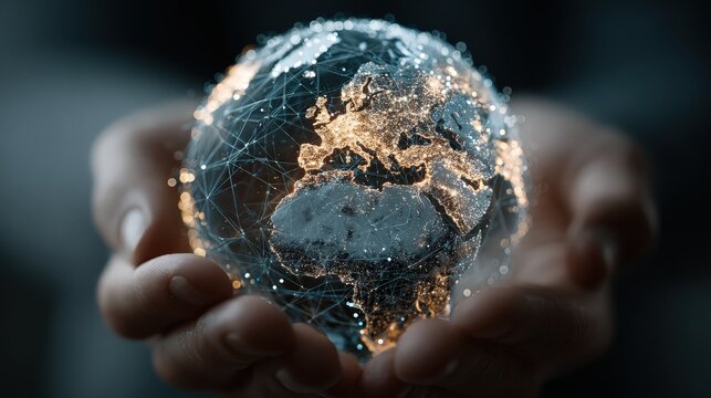 Hands hold a globe showing network connections for logistics management and supply chain operations under bright indoor lights - Powered by Adobe