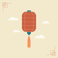A Chinese lantern floating among clouds. Chinese New Year theme. Chinese culture. Vector illustration.