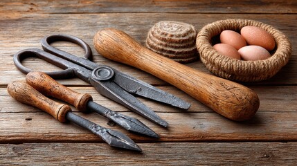 Vintage Gardening Tools and Eggs on Wooden Table